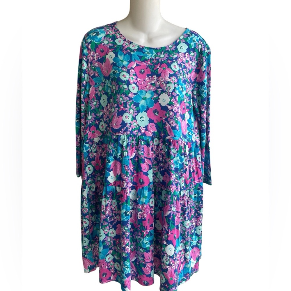 Colleen Lopez Multi Floral Empire Waist Top Stretch 3/4 Sleeve Woman XXL New
